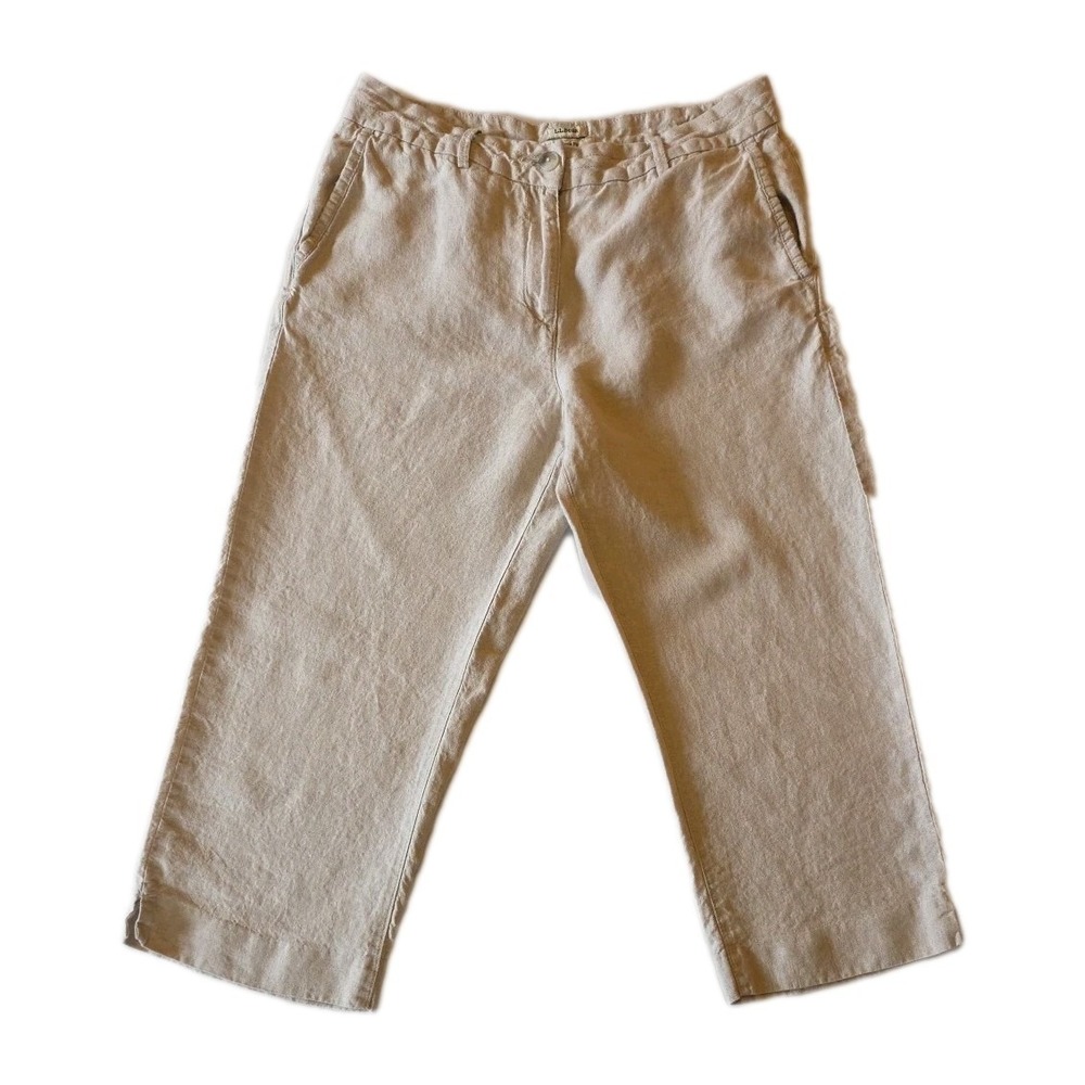 LL Bean Womens Khaki Linen Cropped Pants Size 10P Coastal Scandi Minimal Neutral - Picture 2 of 11